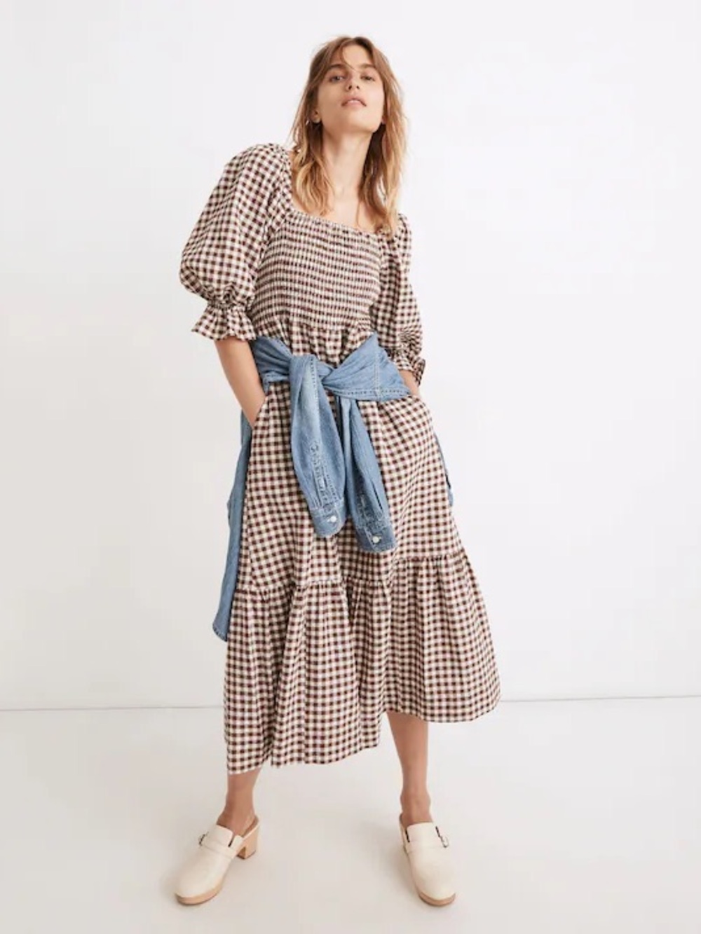 Madewell Lucie Elbow-Sleeve Smocked Midi Dress in Gingham